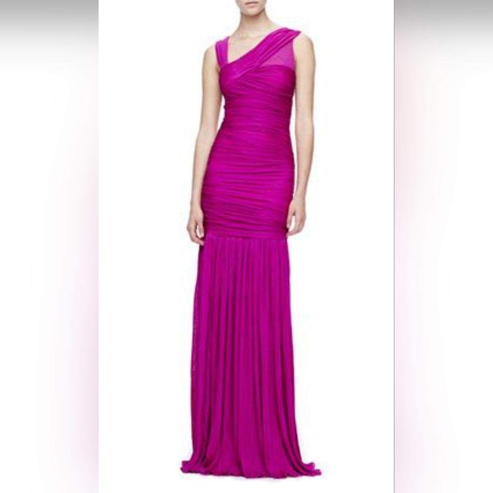 Halston Heritage Fuchsia Ruched One-Shoulder Evening Gown